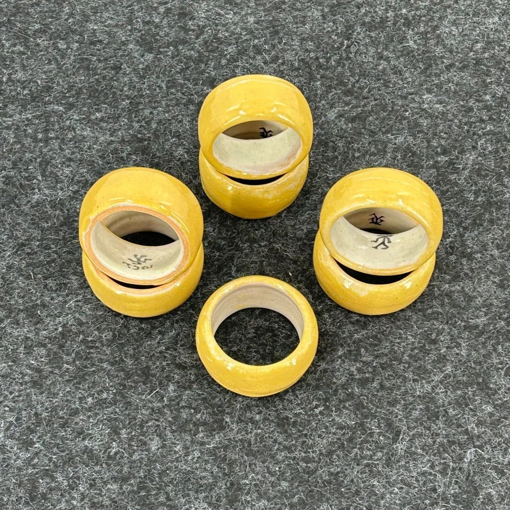 Mustard Yellow Ceramic Napkin Rings Set of 7 Artisan Glazed Stoneware